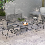 4pc Patio Furniture Set with Foldable Chairs, Loveseat and Glass Table, Mixed Grey