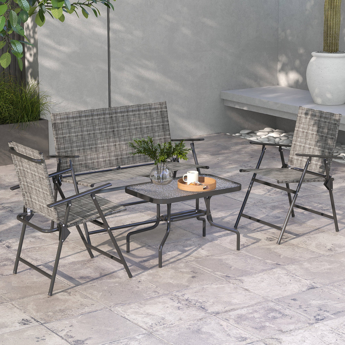 4pc Patio Furniture Set with Foldable Chairs, Loveseat and Glass Table, Mixed Grey
