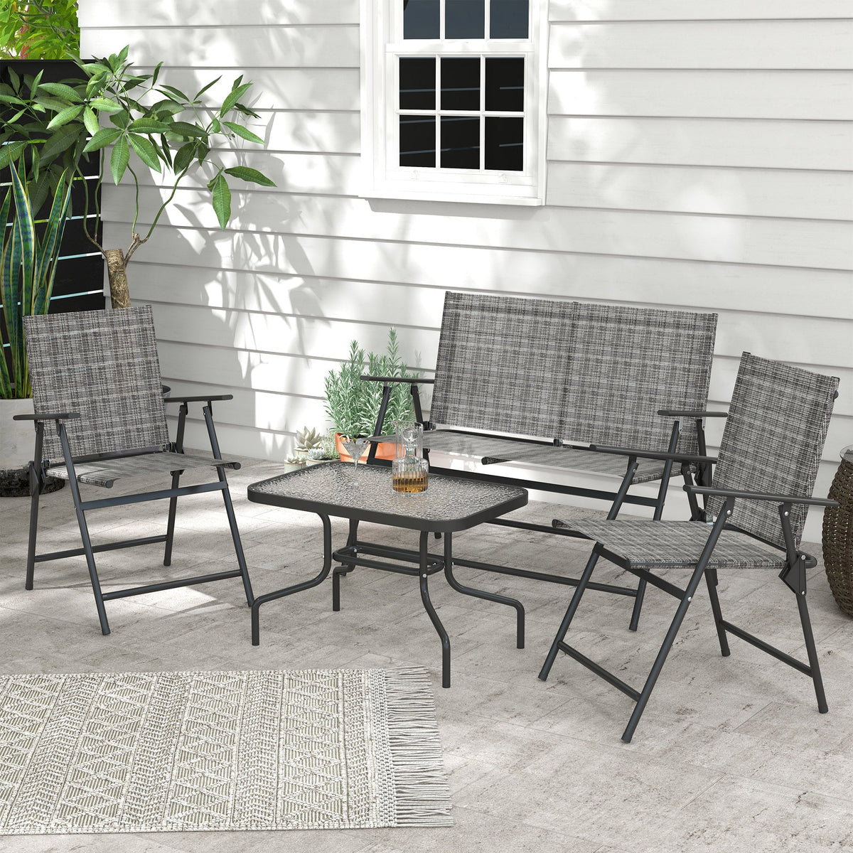 4pc Patio Furniture Set with Foldable Chairs, Loveseat and Glass Table, Mixed Grey