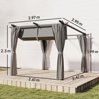 3 x 3 m Metal Pergola with Retractable Roof and Sidewalls, Light Grey