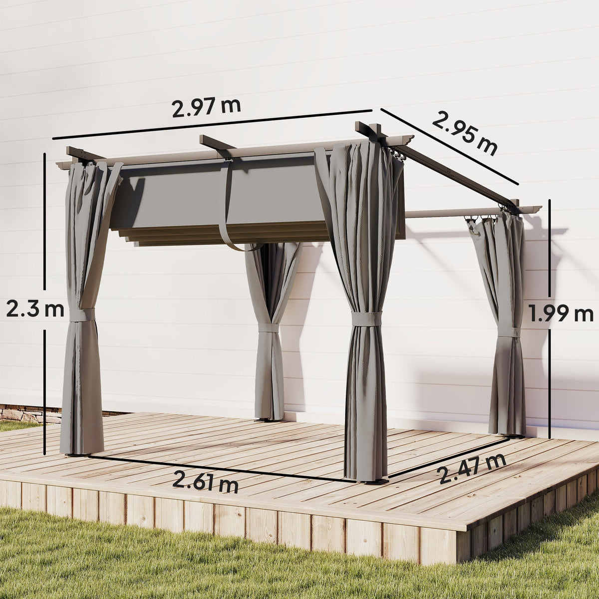 3 x 3 m Metal Pergola with Retractable Roof and Sidewalls, Light Grey