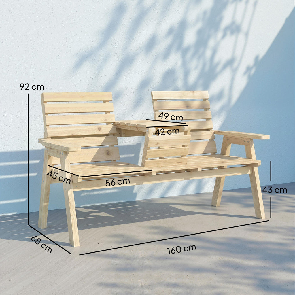 2 Seater Wooden Garden Bench with Convertible Middle Table, Natural