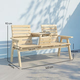 2 Seater Wooden Garden Bench with Convertible Middle Table, Natural