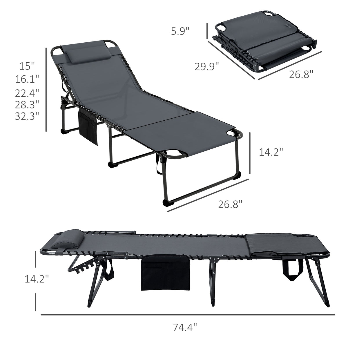 2-Piece Folding Chaise Lounge with Face Hole, Gray