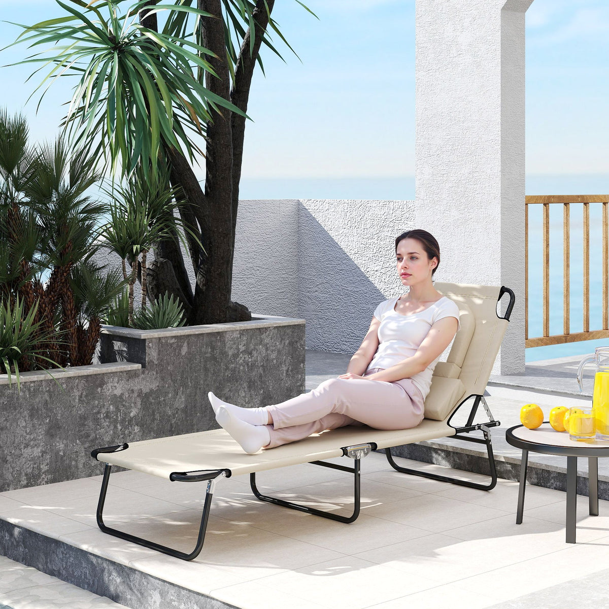Folding Outdoor Lounge Chair with Face Hole and Pillow, Beige