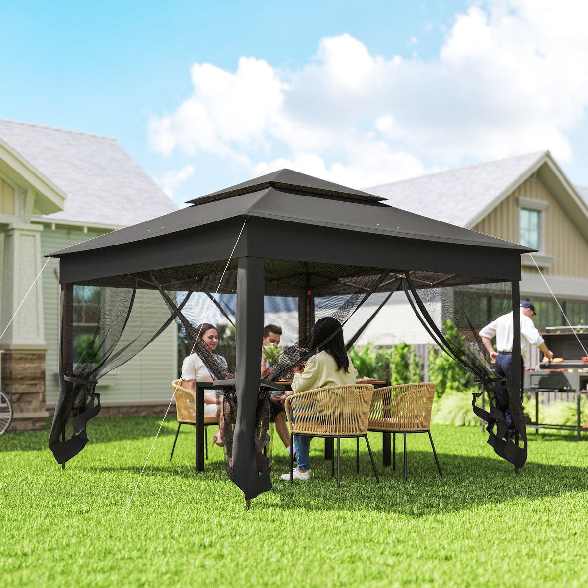 3 x 3 m Pop Up Gazebo with Double Roof, Netting & Carry Bag, Black