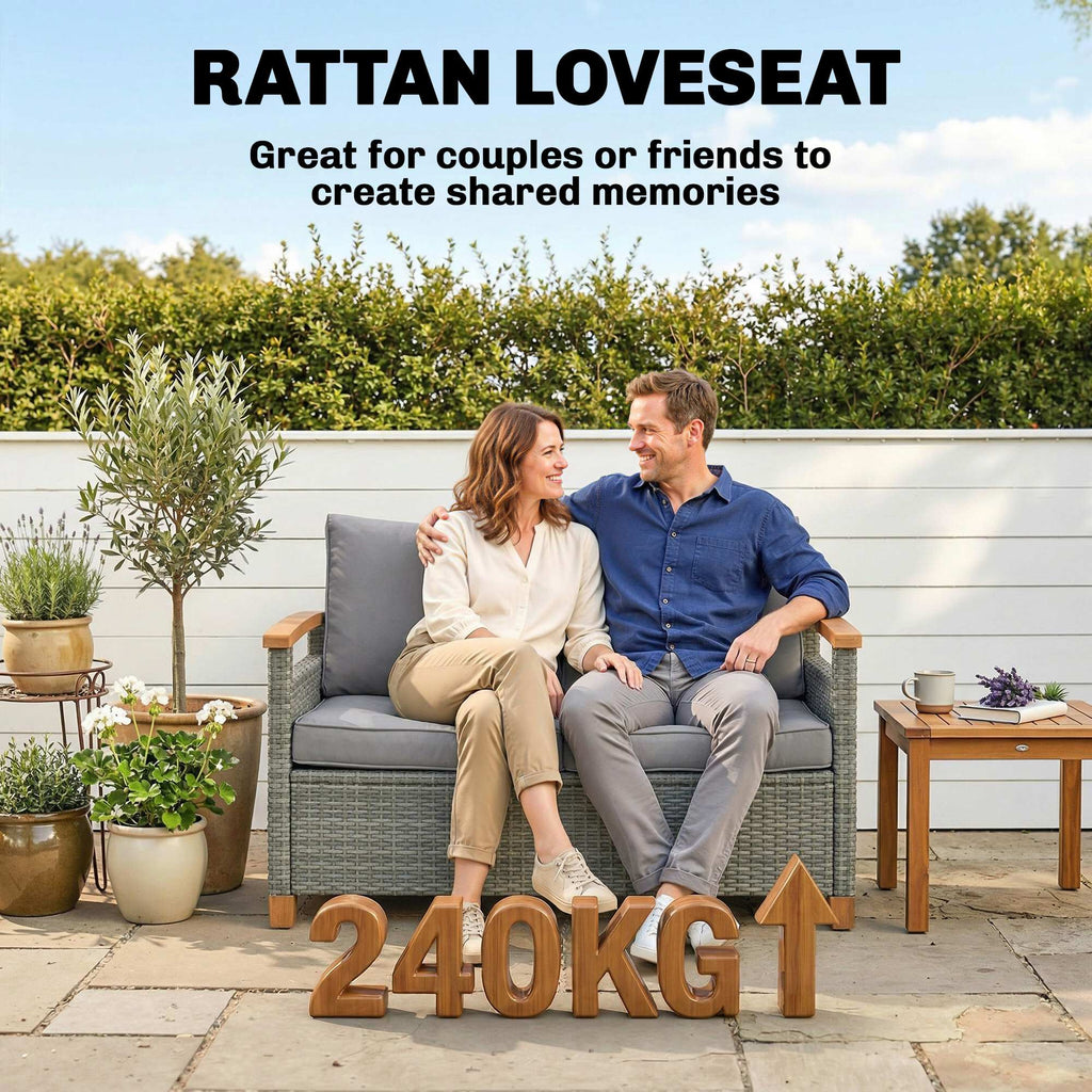 2-Seater Rattan Loveseat with Thick Cushions & Acacia Armrests, Dark Grey