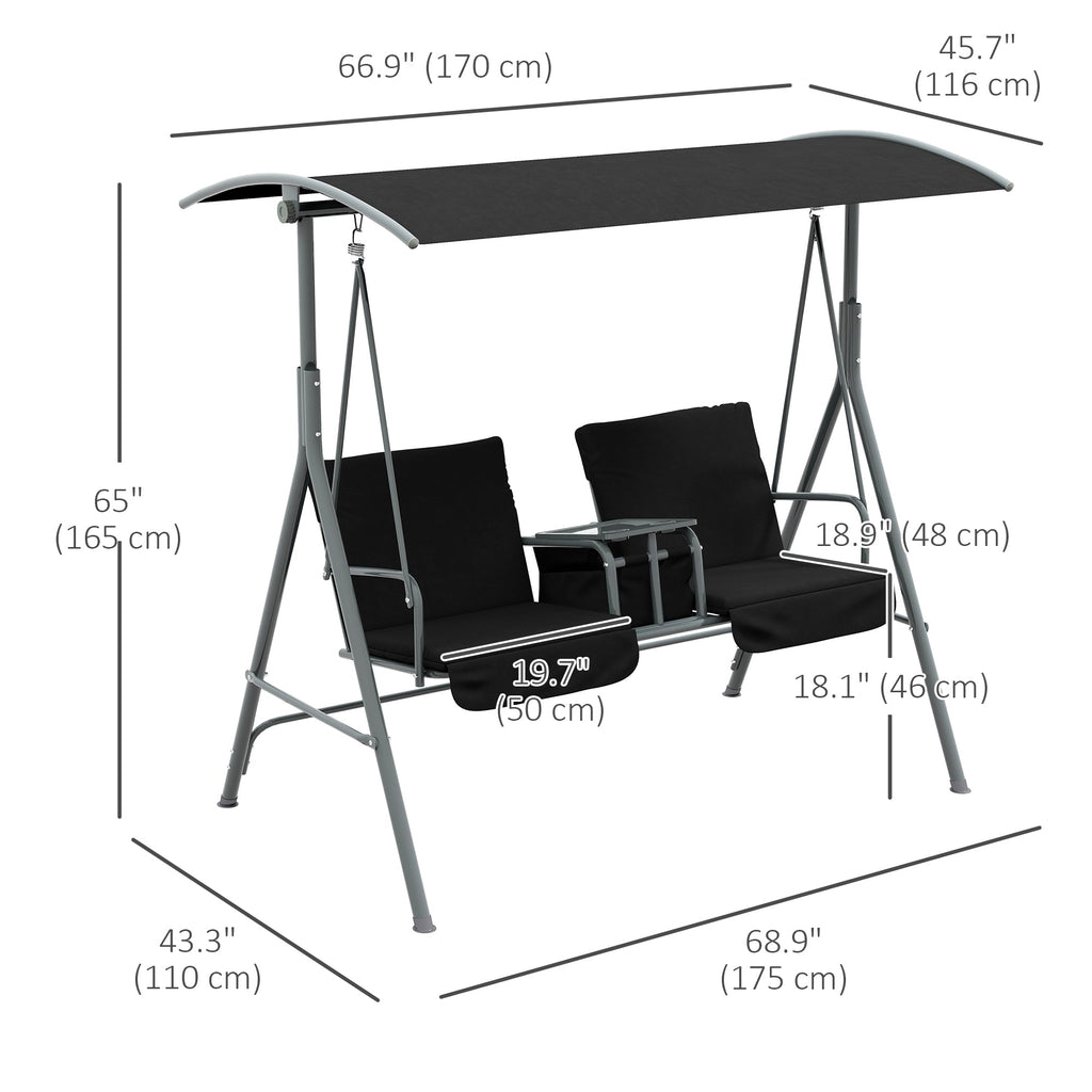 2 Person Porch Swing with Adjustable Canopy, Table and Storage Bag, Black