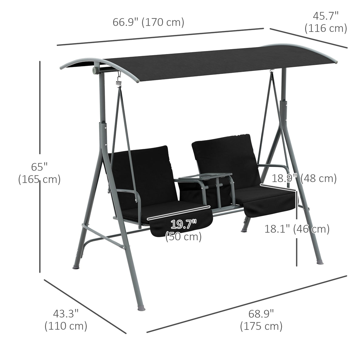 2 Person Porch Swing with Adjustable Canopy, Table and Storage Bag, Black