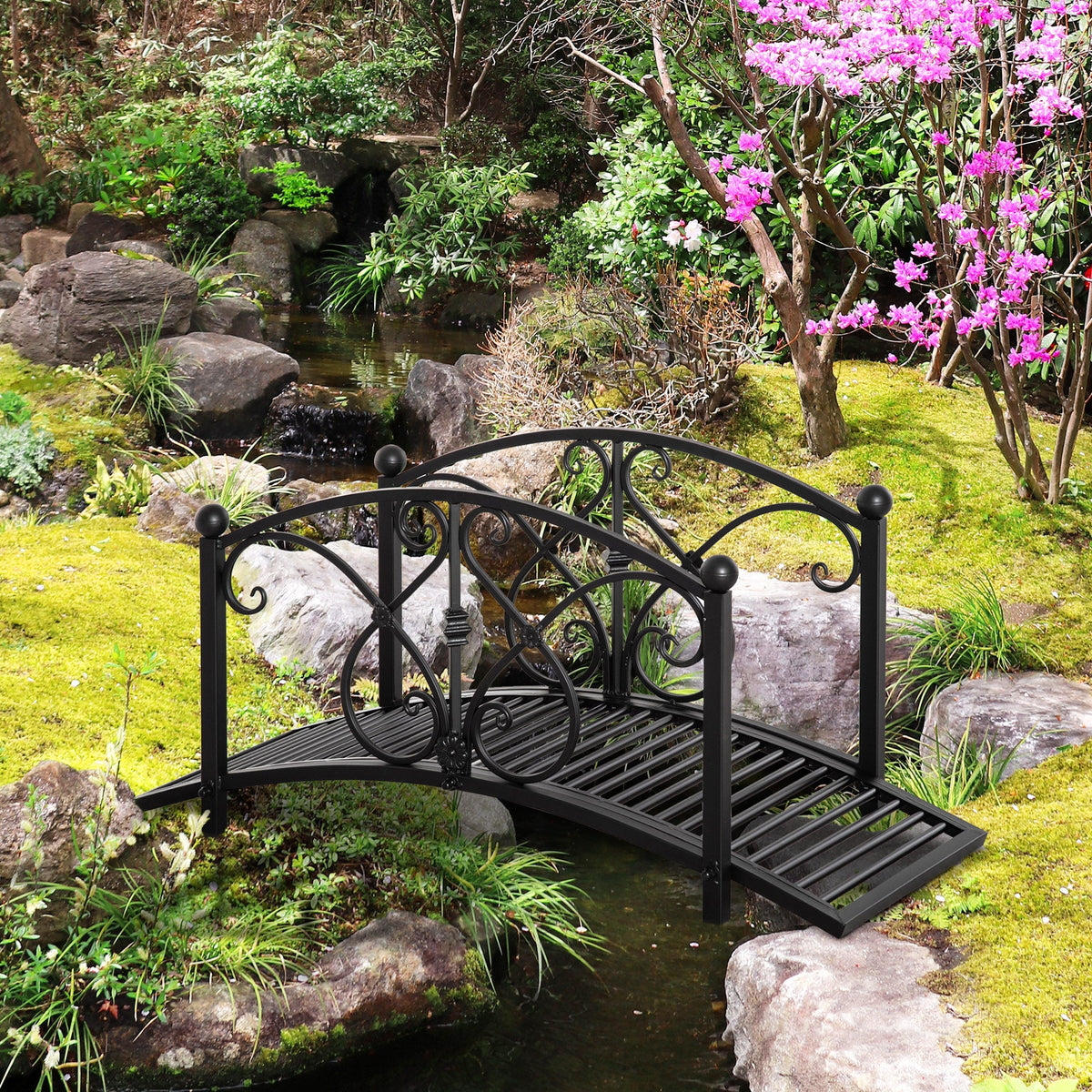 3.3FT Metal Zen Garden Bridge with Safety Siderails, Black