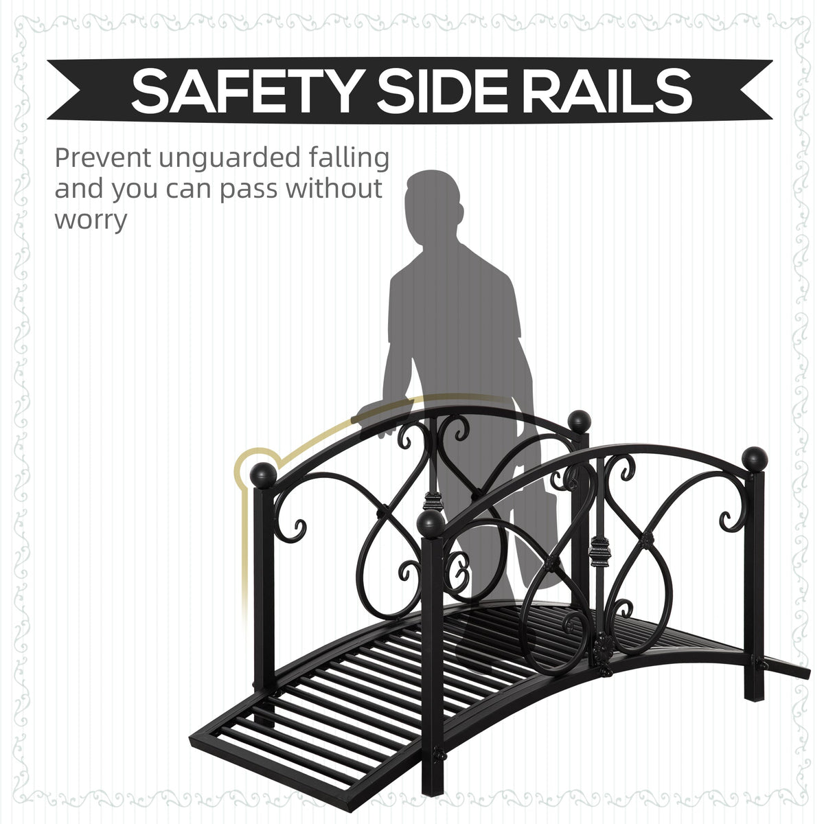 3.3FT Metal Zen Garden Bridge with Safety Siderails, Black