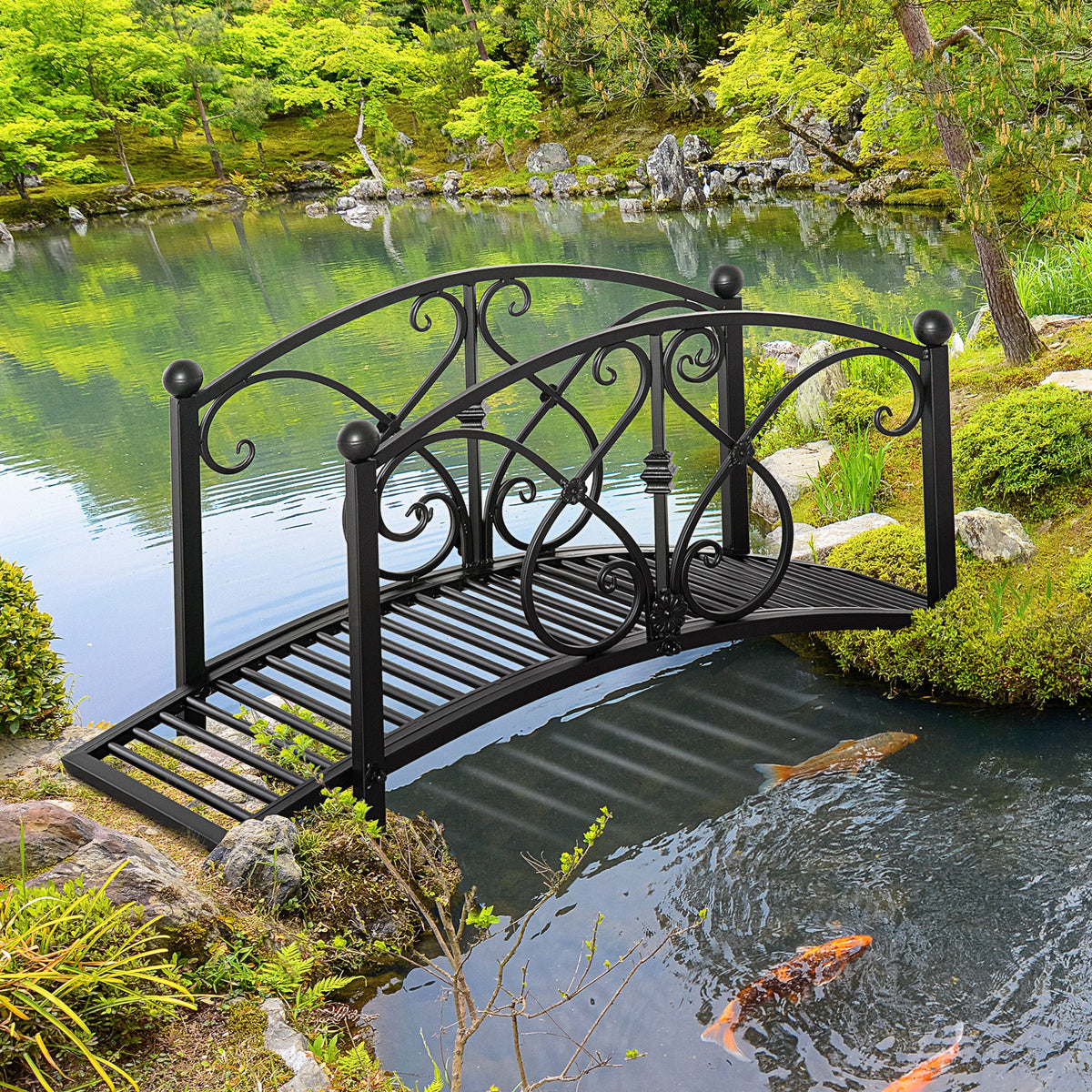3.3FT Metal Zen Garden Bridge with Safety Siderails, Black