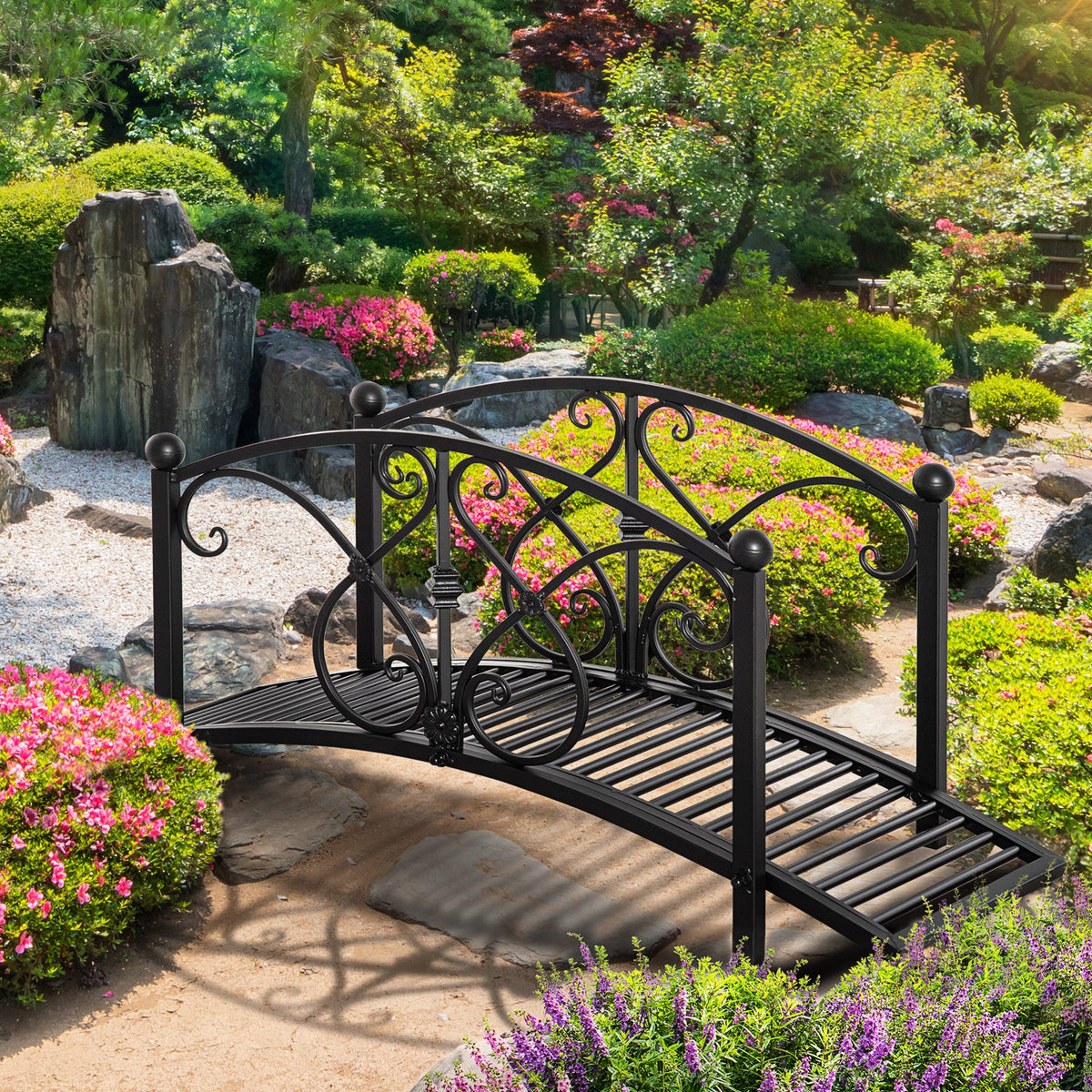 3.3FT Metal Zen Garden Bridge with Safety Siderails, Black