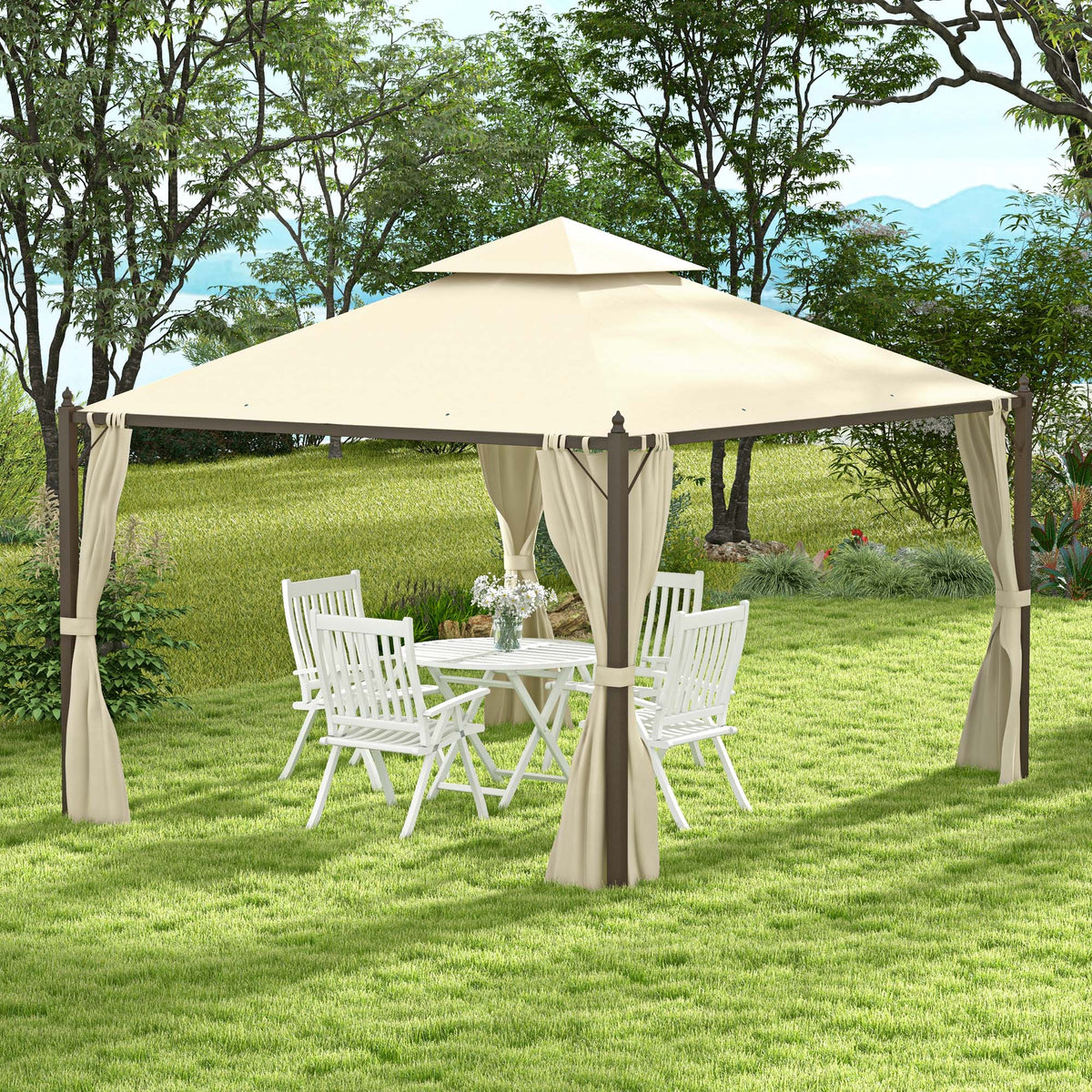 10' x 12' Steel Patio Gazebo with Privacy Curtains