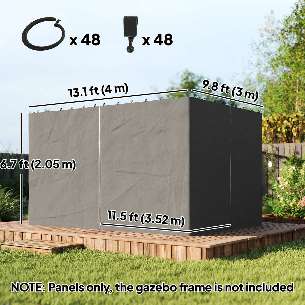 10' x 13' Gazebo Sidewall Set with 4 Panels and Hooks, Light Grey