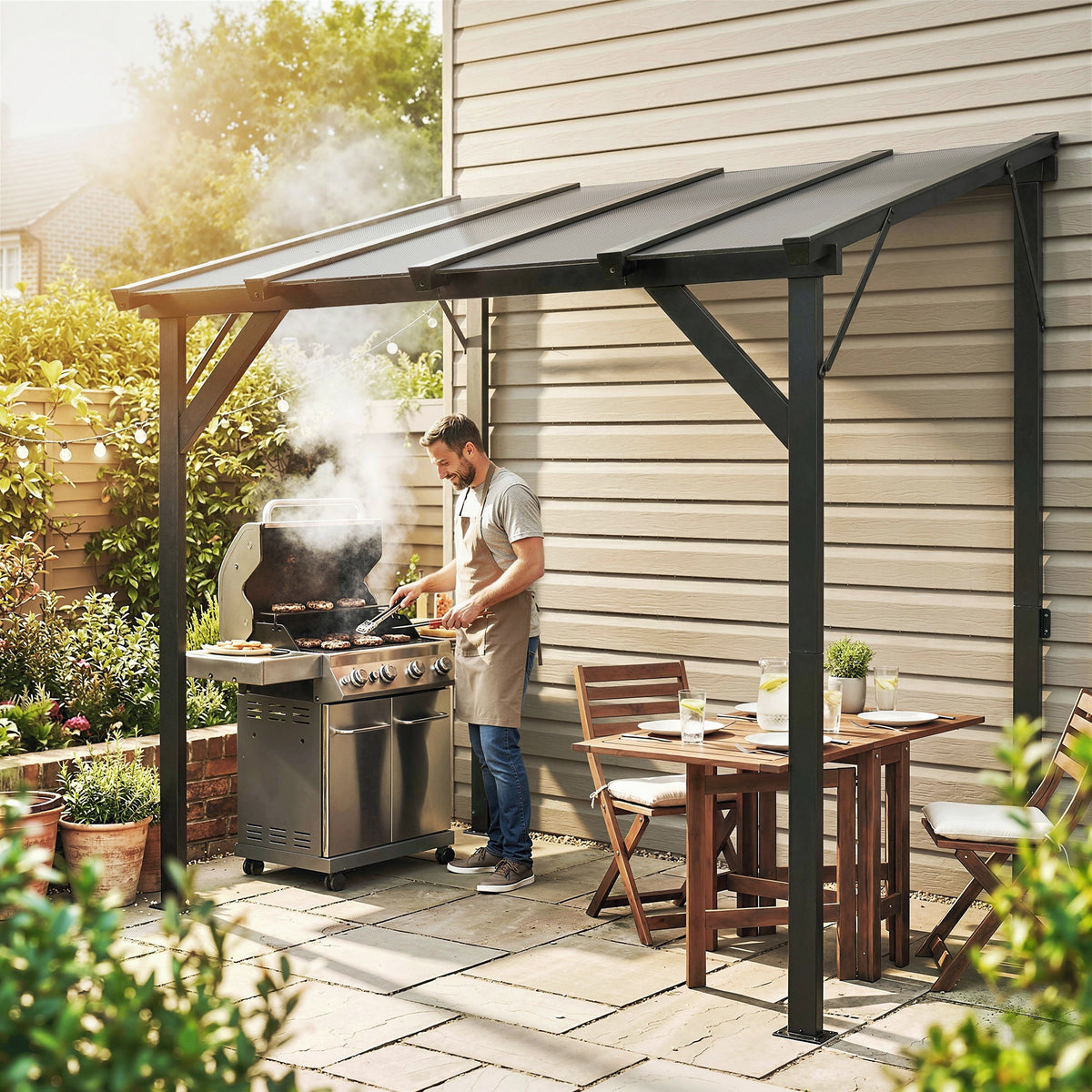 8' x 5' Hardtop Grill Gazebo with Polycarbonate Roof and Steel Frame, Wall-Mounted