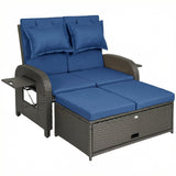 Rattan Patio Daybed with Storage Ottoman and Adjustable Backrest, Navy Blue