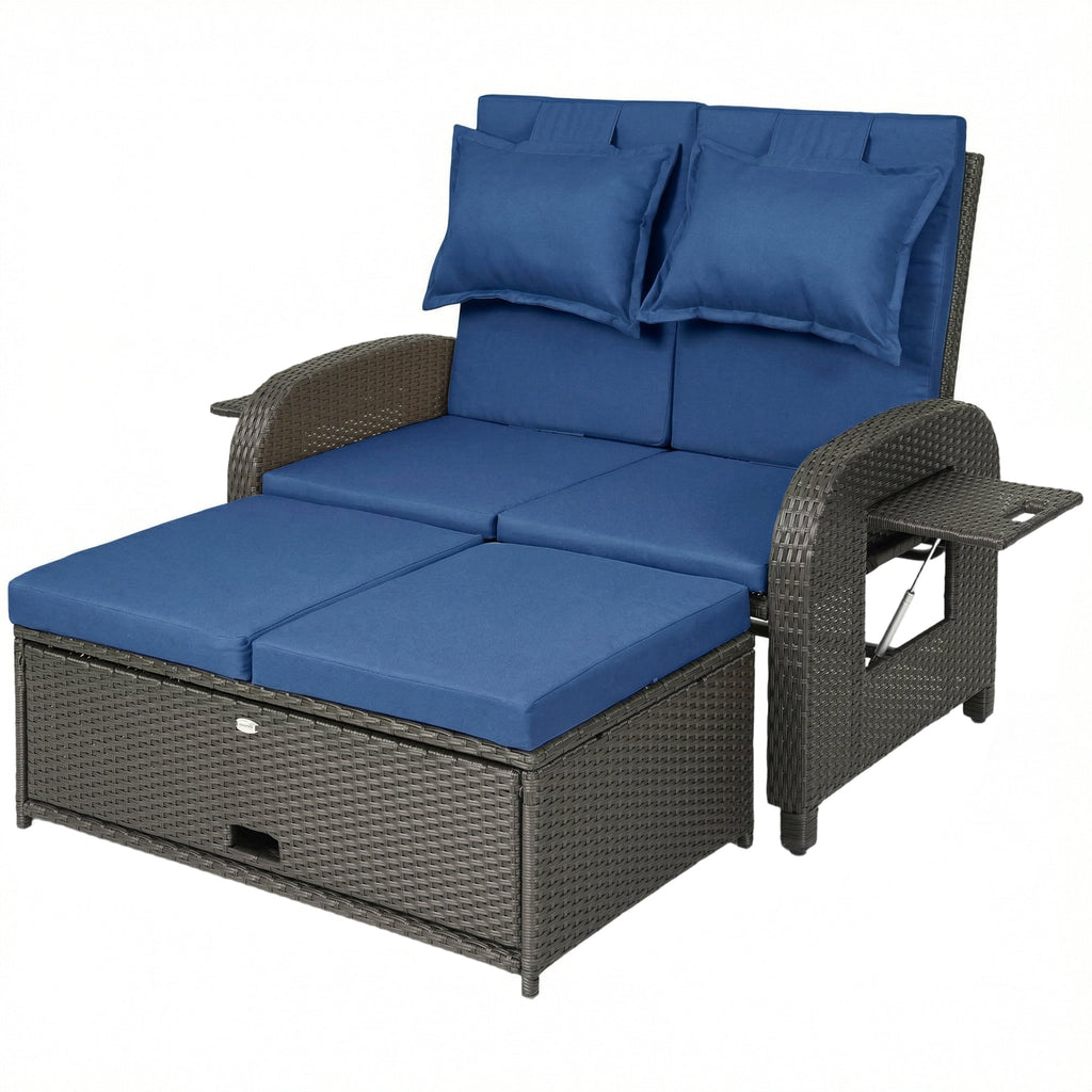 Rattan Patio Daybed with Storage Ottoman and Adjustable Backrest, Navy Blue