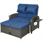 Rattan Patio Daybed with Storage Ottoman and Adjustable Backrest, Navy Blue