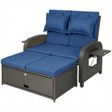 Rattan Patio Daybed with Storage Ottoman and Adjustable Backrest, Navy Blue