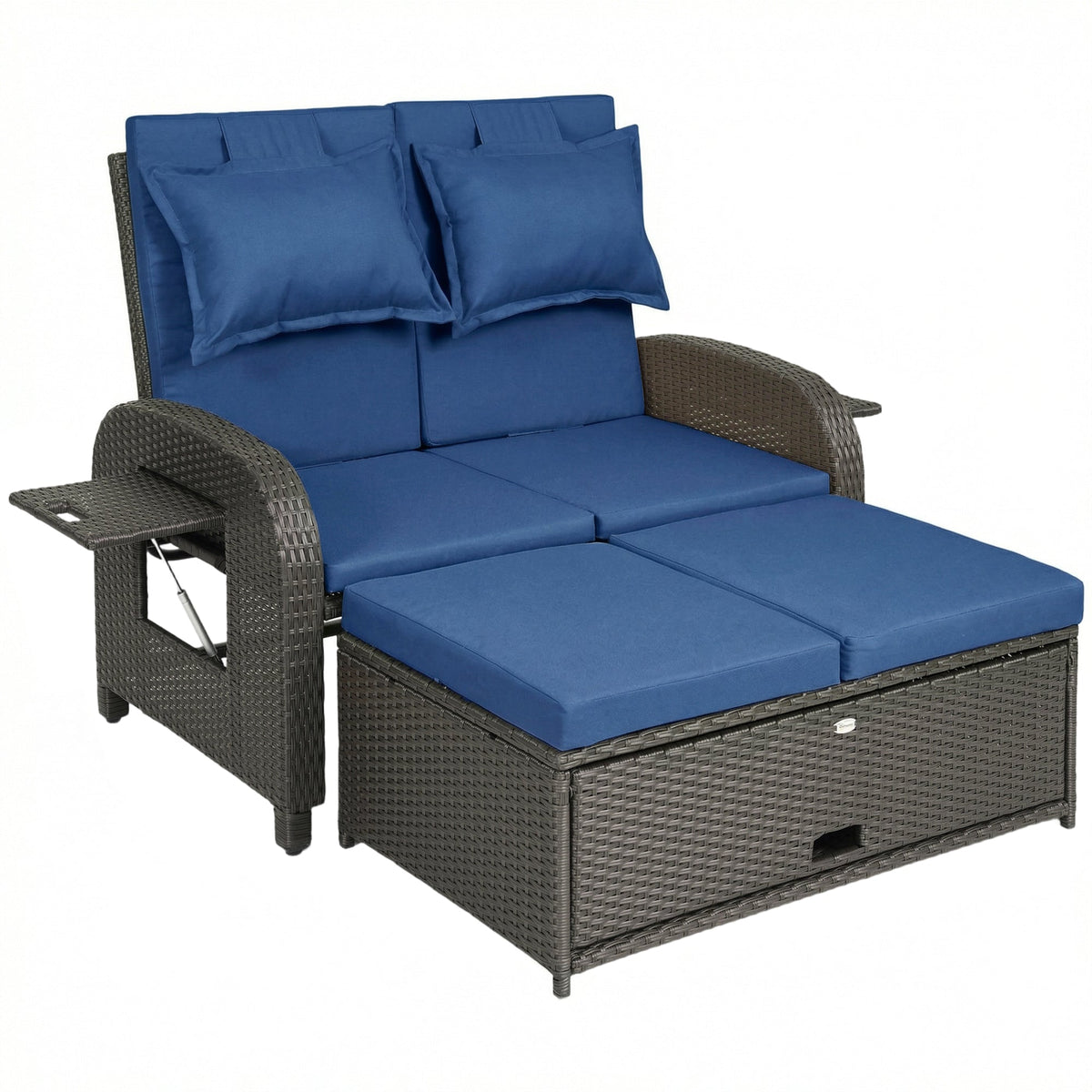 Rattan Patio Daybed with Storage Ottoman and Adjustable Backrest, Navy Blue