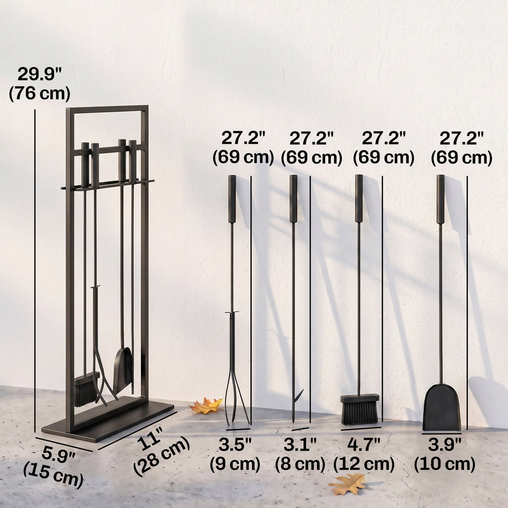 5-Piece Fireplace Tool Set with Brush, Shovel, Poker, Tongs & Stand, Black Metal