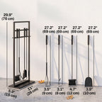 5-Piece Fireplace Tool Set with Brush, Shovel, Poker, Tongs & Stand, Black Metal