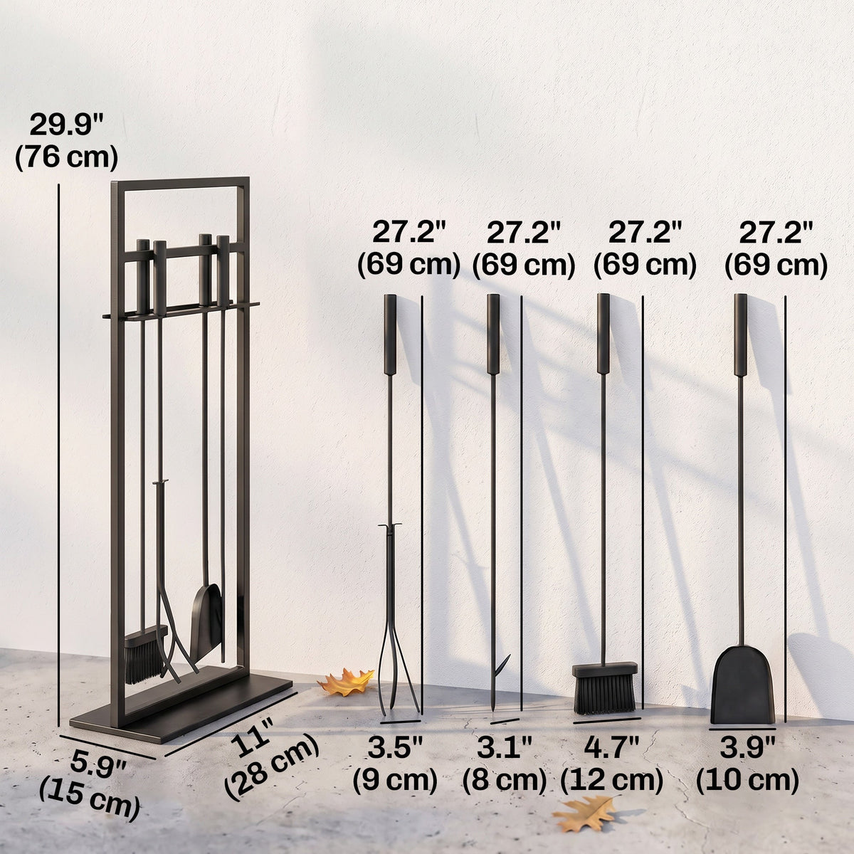5-Piece Fireplace Tool Set with Brush, Shovel, Poker, Tongs & Stand, Black Metal
