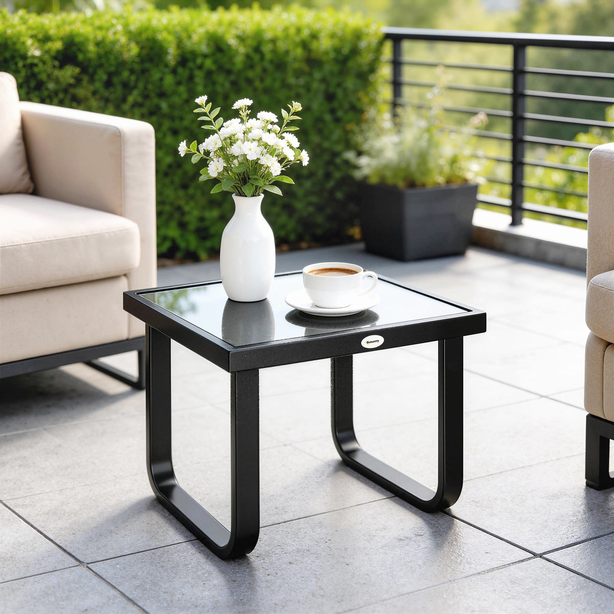 Metal Side Table with Tempered Glass Top & Adjustable Feet, 45x45x33 cm, Black