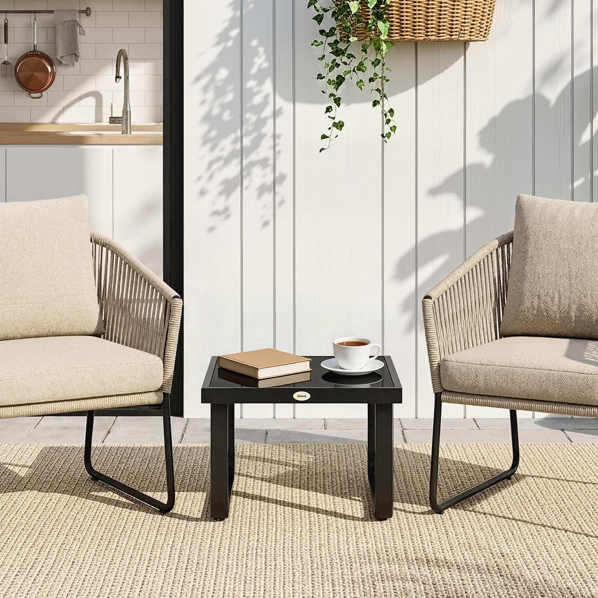 Metal Side Table with Tempered Glass Top & Adjustable Feet, 45x45x33 cm, Black