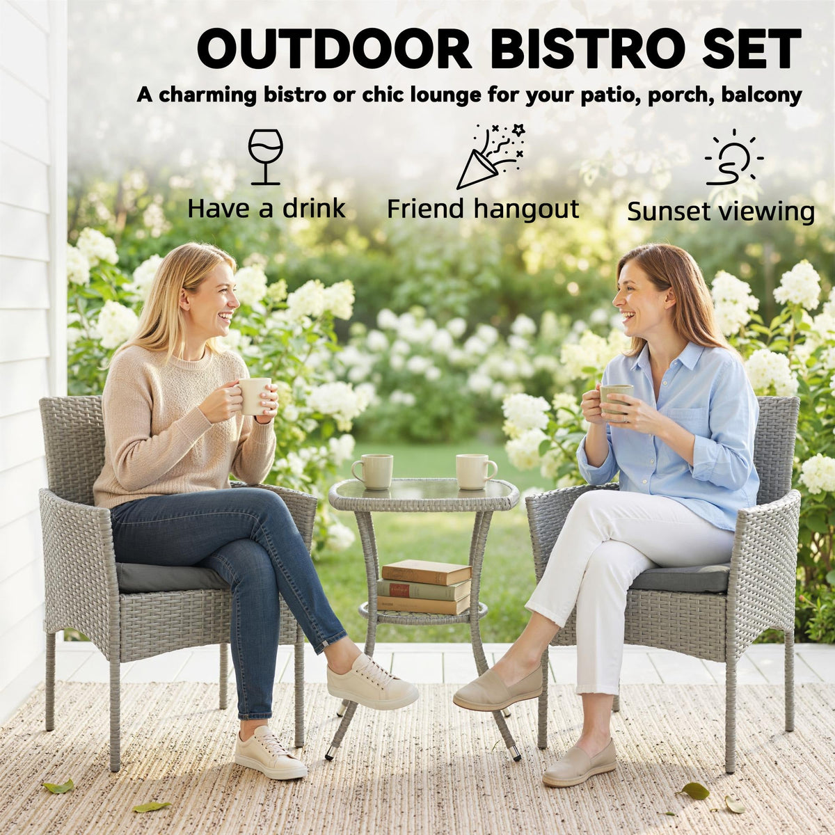 3-Piece PE Rattan Bistro Set with Glass-Top Table & Cushions, Dark Grey