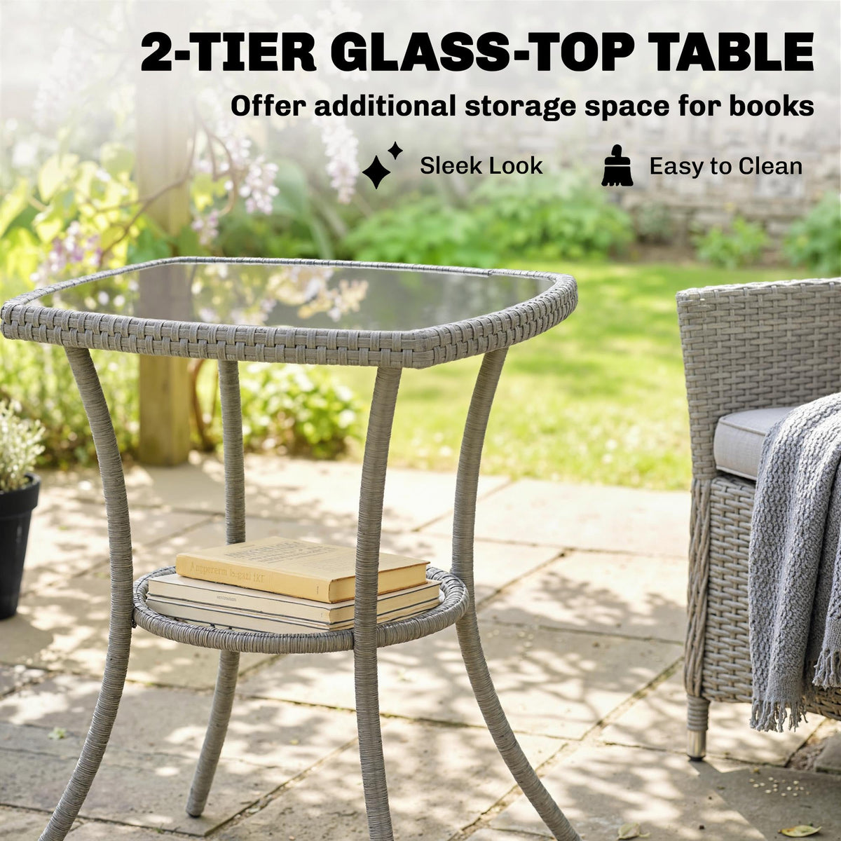3-Piece PE Rattan Bistro Set with Glass-Top Table & Cushions, Dark Grey