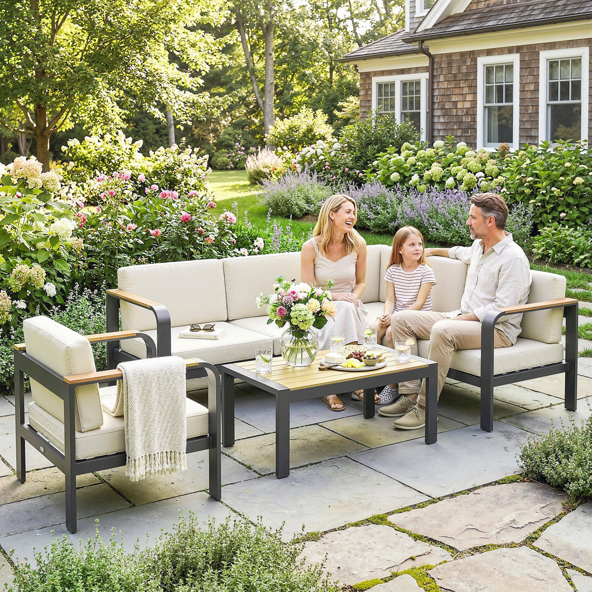 3-Piece Garden Corner Sofa Set with Aluminum Frame and Olefin Cushions, Beige