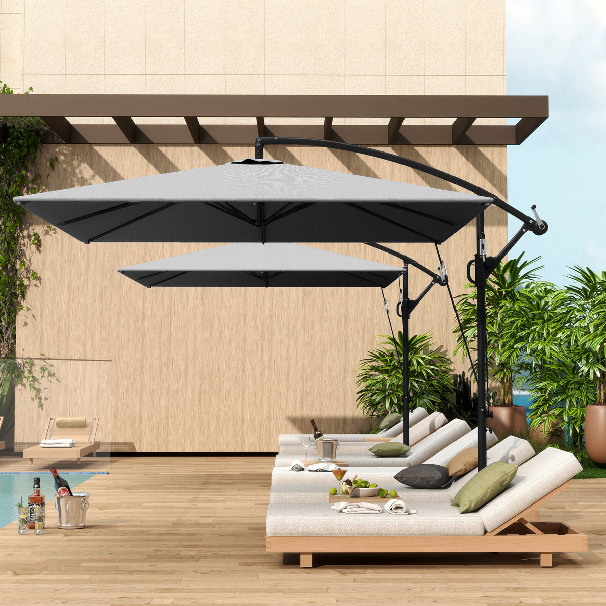 Offset Patio Umbrella with Base, Cover and Tilt Function, Grey