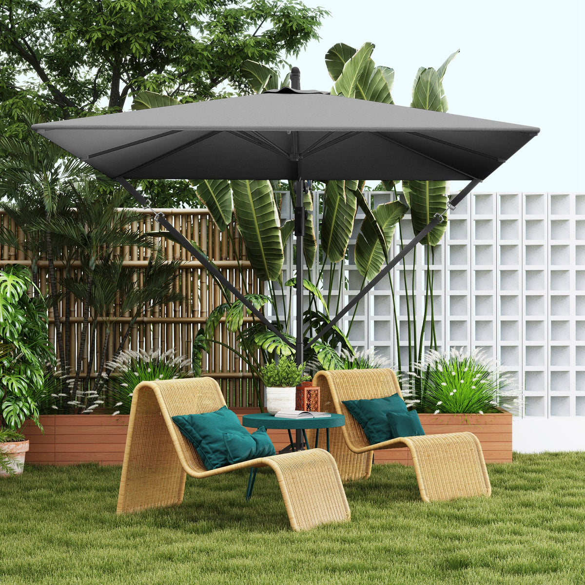 Offset Patio Umbrella with Base, Cover and Tilt Function, Grey