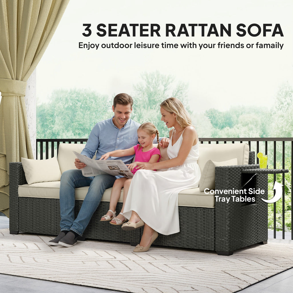 3-Seater Wicker Outdoor Sofa with Side Trays & Thick Cushions, Cream White