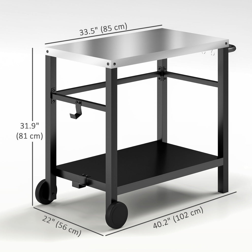 Outdoor Grill Cart with Stainless Steel Top, 2 Shelves and Wheels, Charcoal Grey