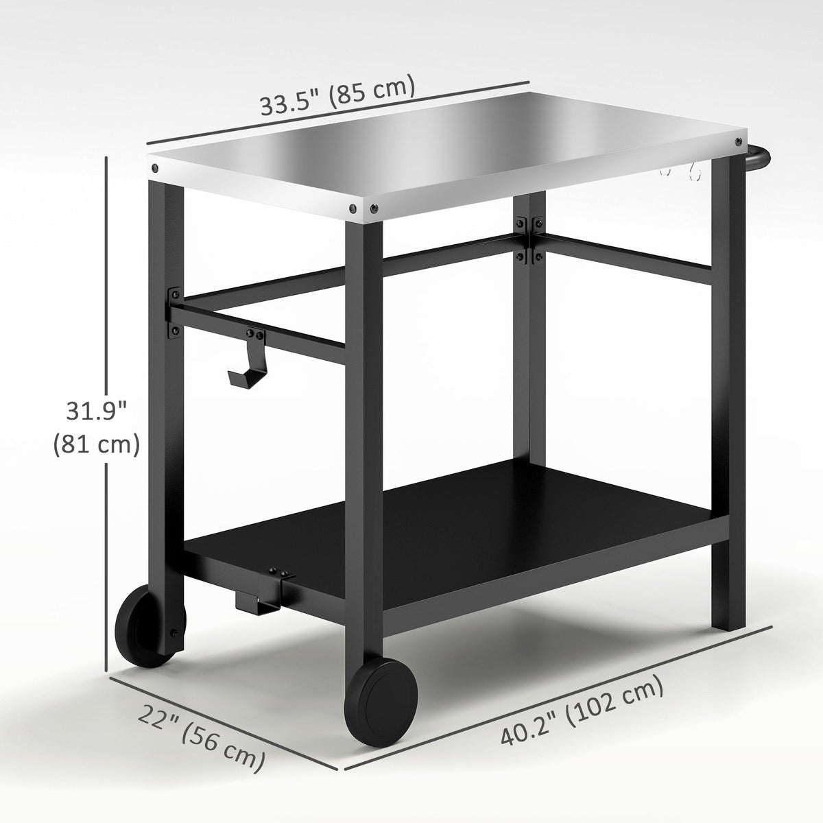 Outdoor Grill Cart with Stainless Steel Top, 2 Shelves and Wheels, Charcoal Grey