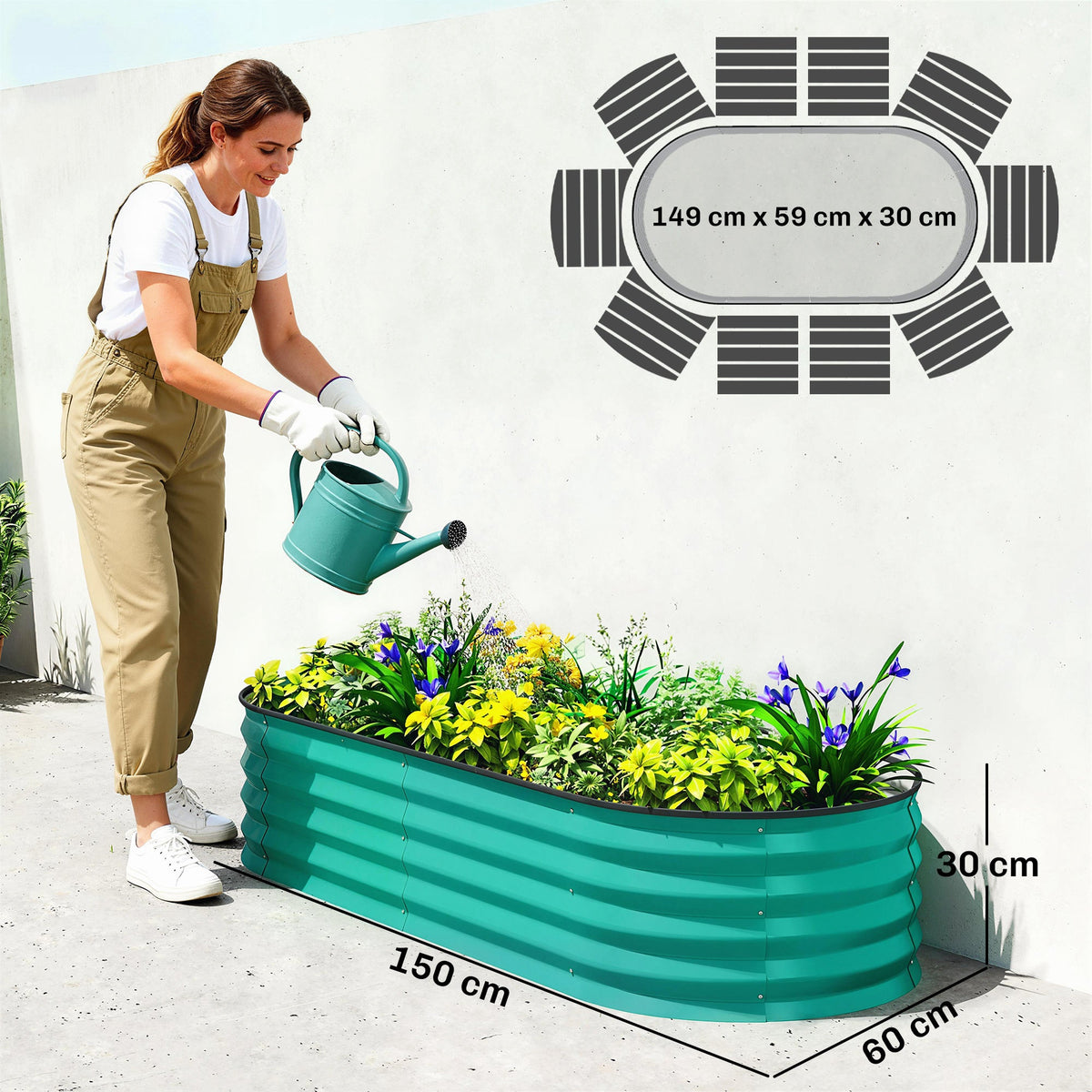 Set of 2 Galvanised Raised Beds with Stakes, 150 x 60 x 30 cm, Green