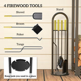 5-Piece Metal Fireplace Tool Set with Brush, Shovel, Poker, Tongs & Stand, Gold Finish