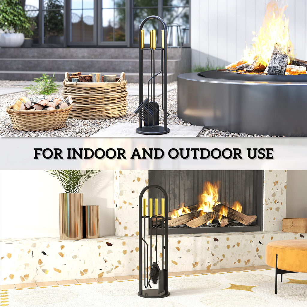 5-Piece Metal Fireplace Tool Set with Brush, Shovel, Poker, Tongs & Stand, Gold Finish
