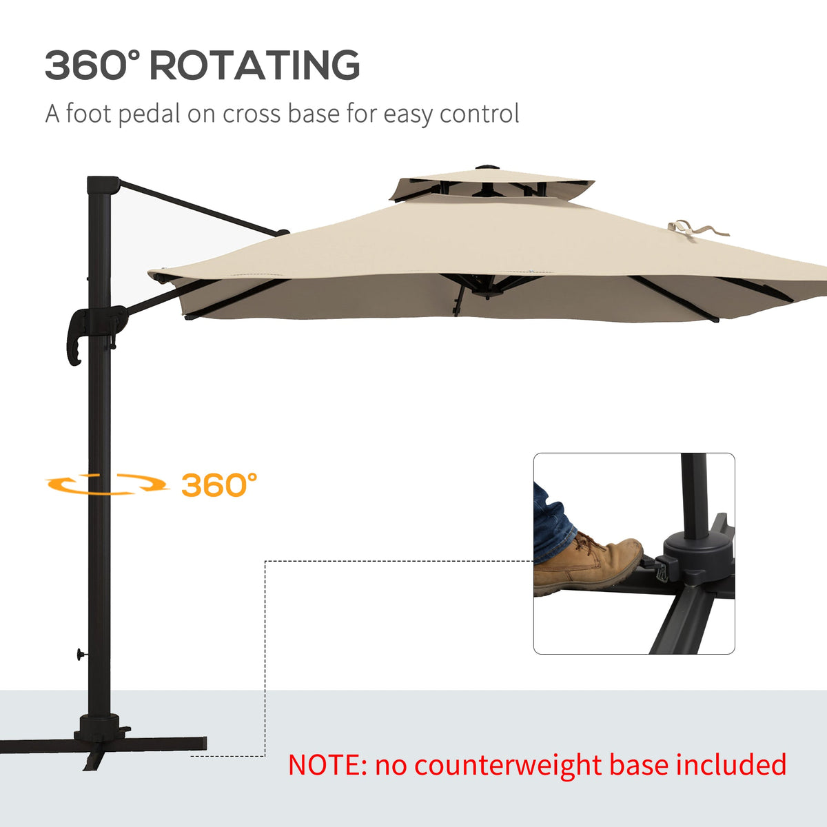 10ft Square Cantilever Patio Umbrella with 360° Rotation and Double Canopy, Khaki