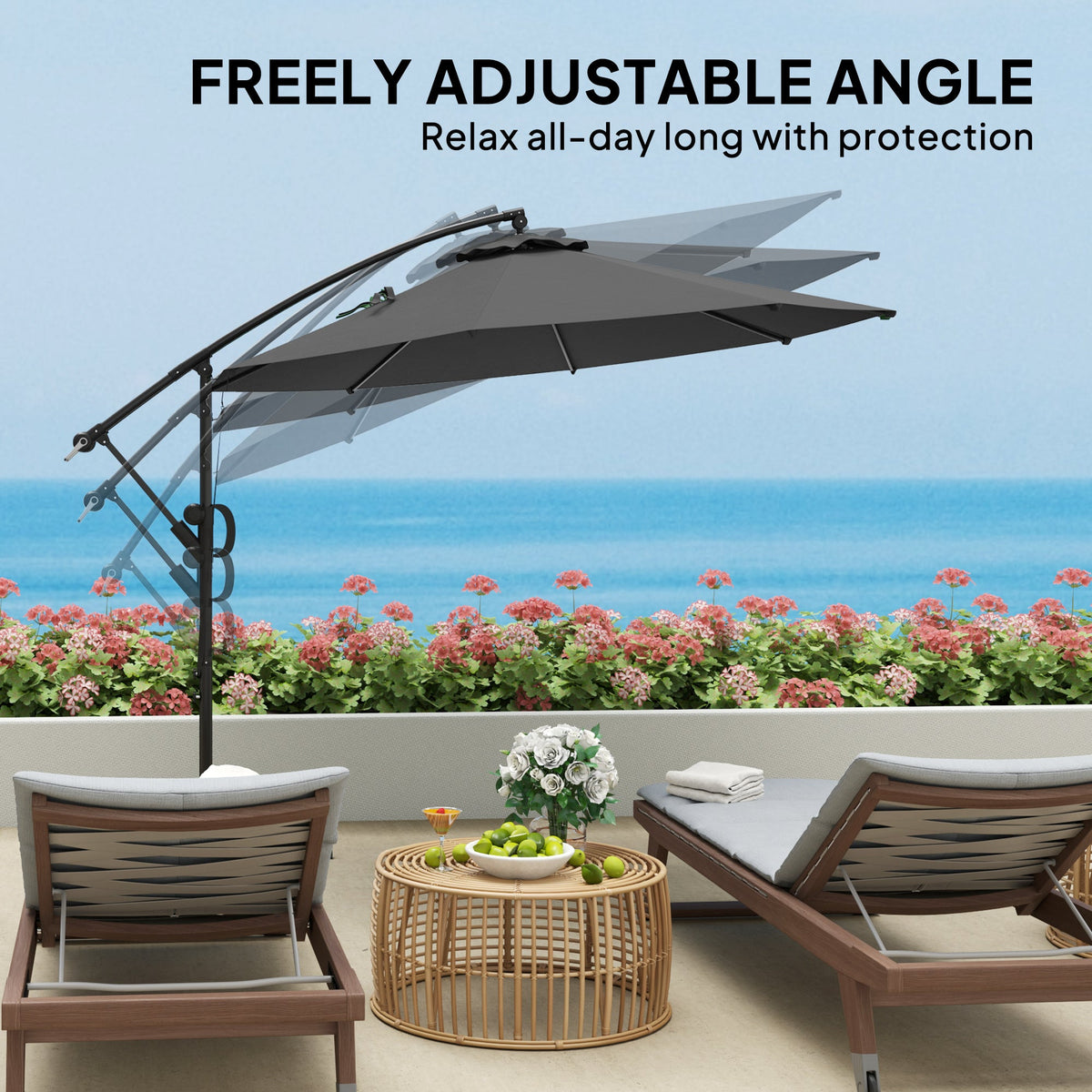118.1" Offset Patio Umbrella with Cover, Tilt and Wind Strap, Grey