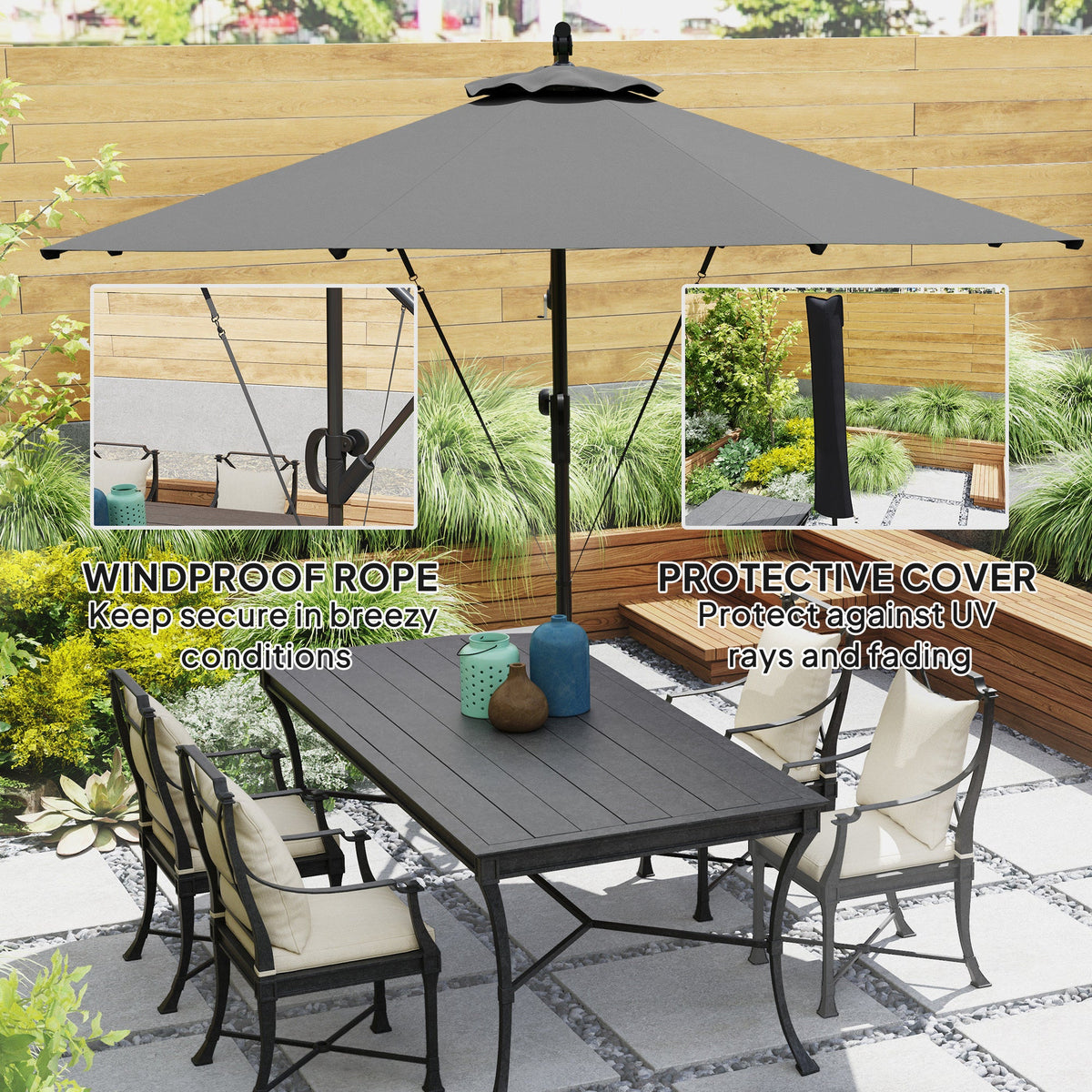 118.1" Offset Patio Umbrella with Cover, Tilt and Wind Strap, Grey