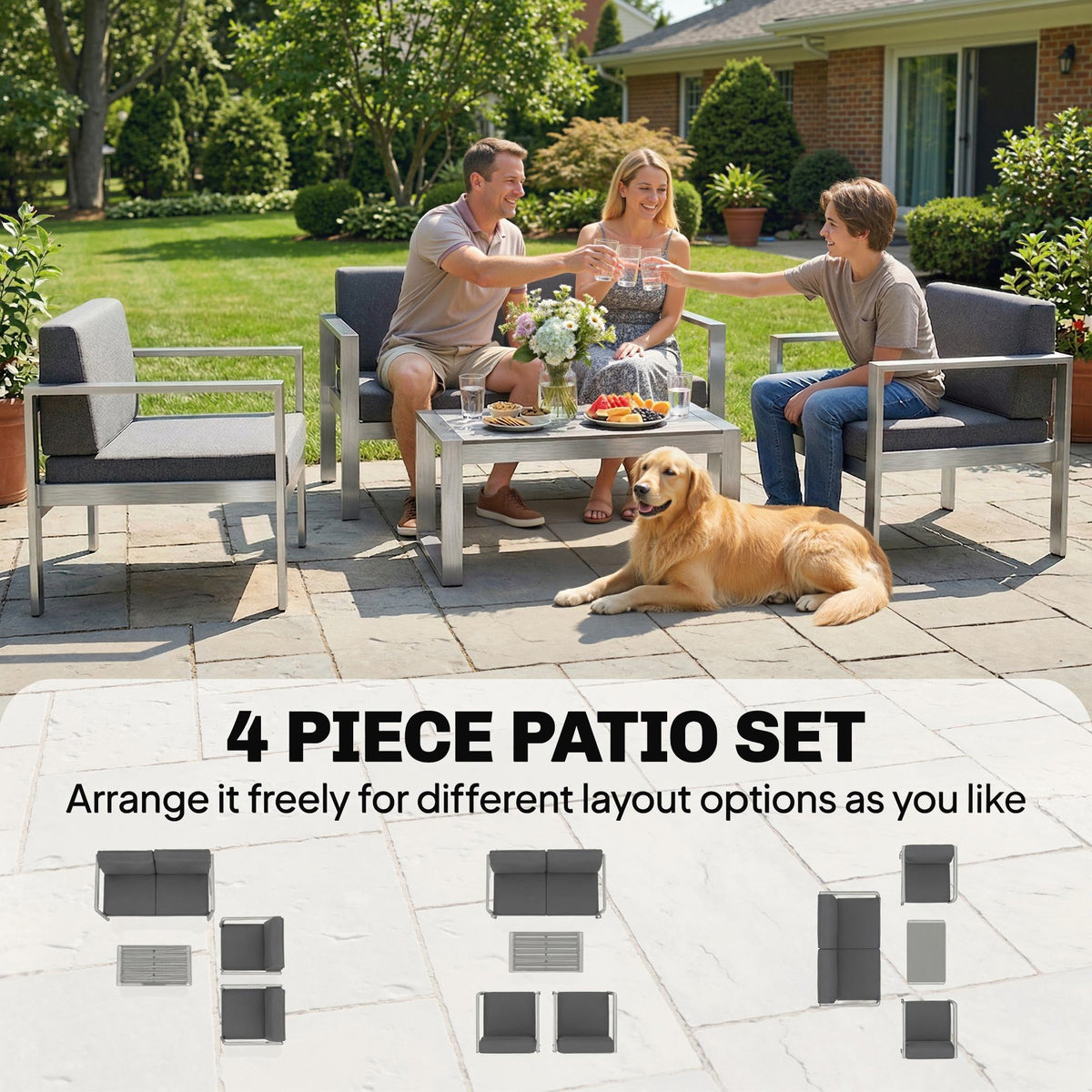 4-Seater Aluminium Sofa Set with Faux Wood Table and Olefin Cushions, Dark Grey