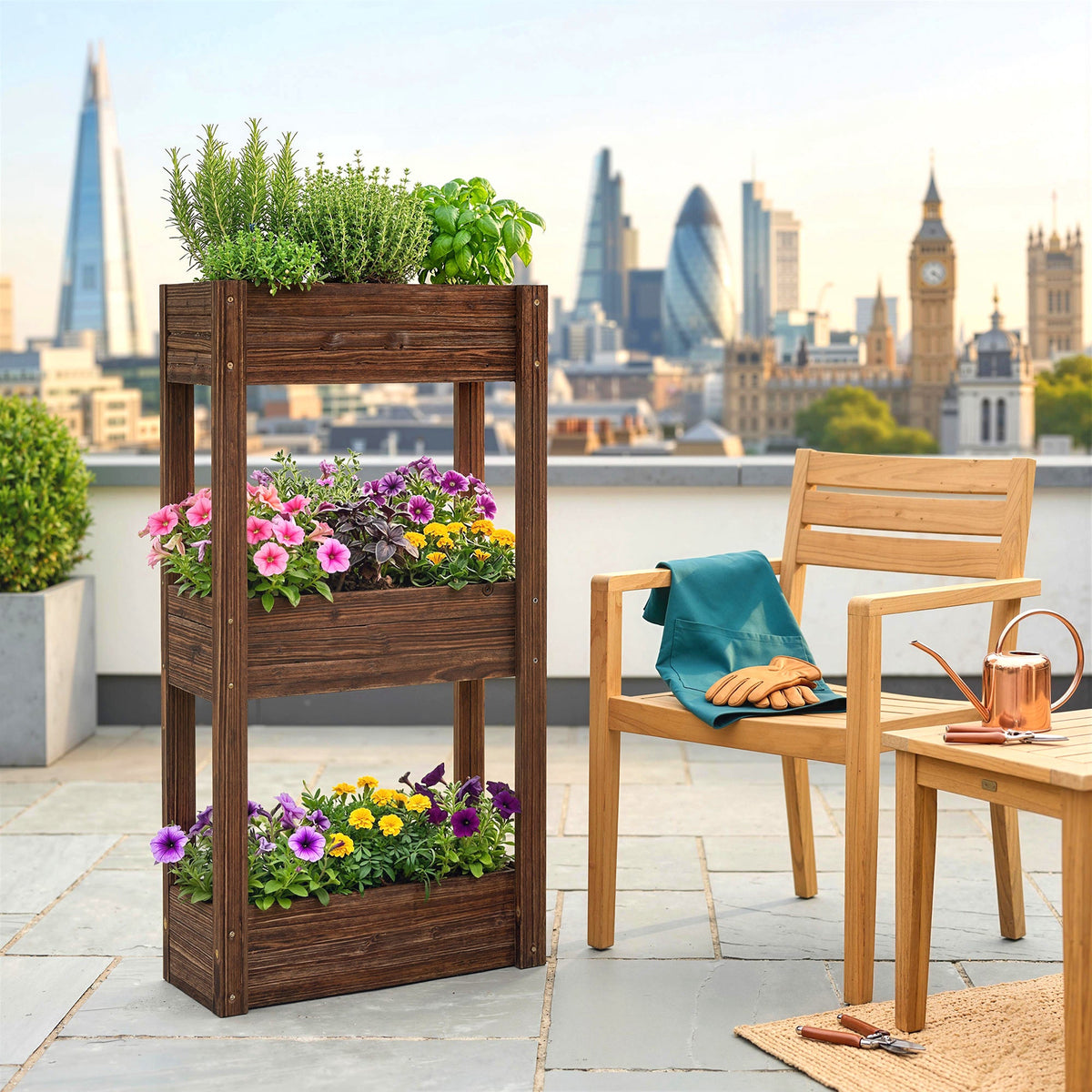 3-Tier Wooden Raised Planter with Liner, 60 x 25 x 120 cm