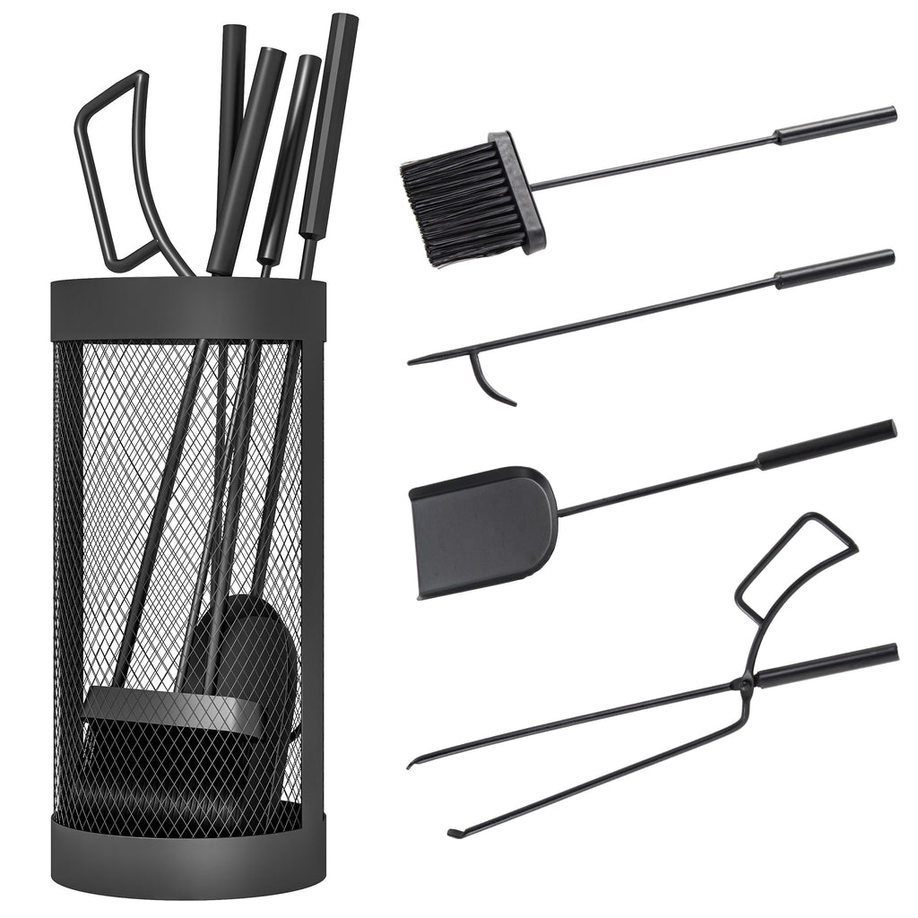 5-Piece Metal Fireplace Tool Set with Brush, Shovel, Poker, Tongs & Mesh Basket, Black