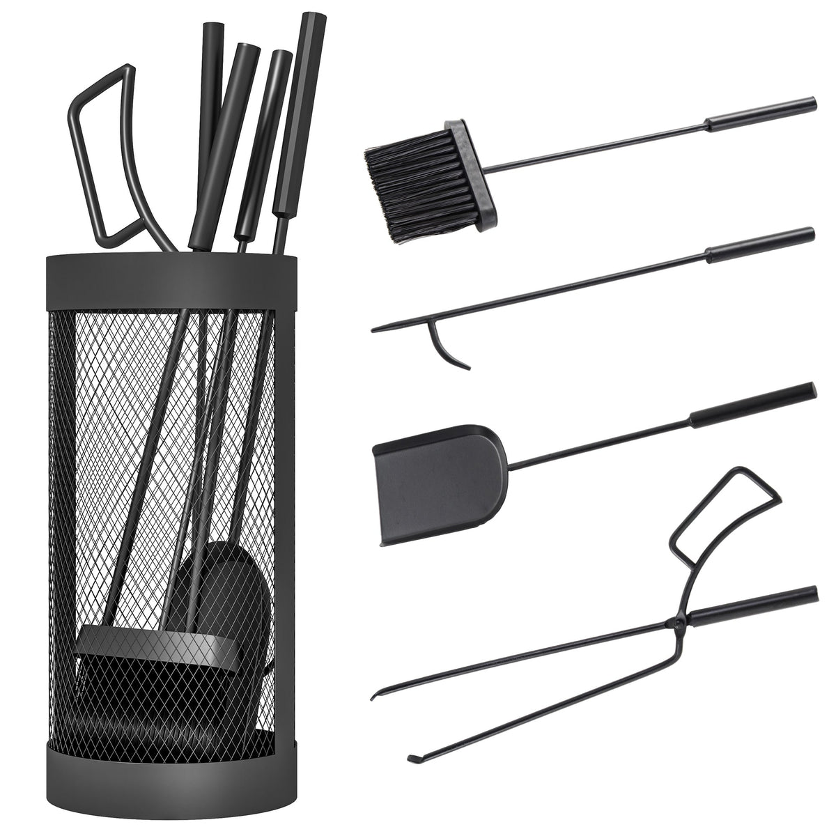 5-Piece Metal Fireplace Tool Set with Brush, Shovel, Poker, Tongs & Mesh Basket, Black