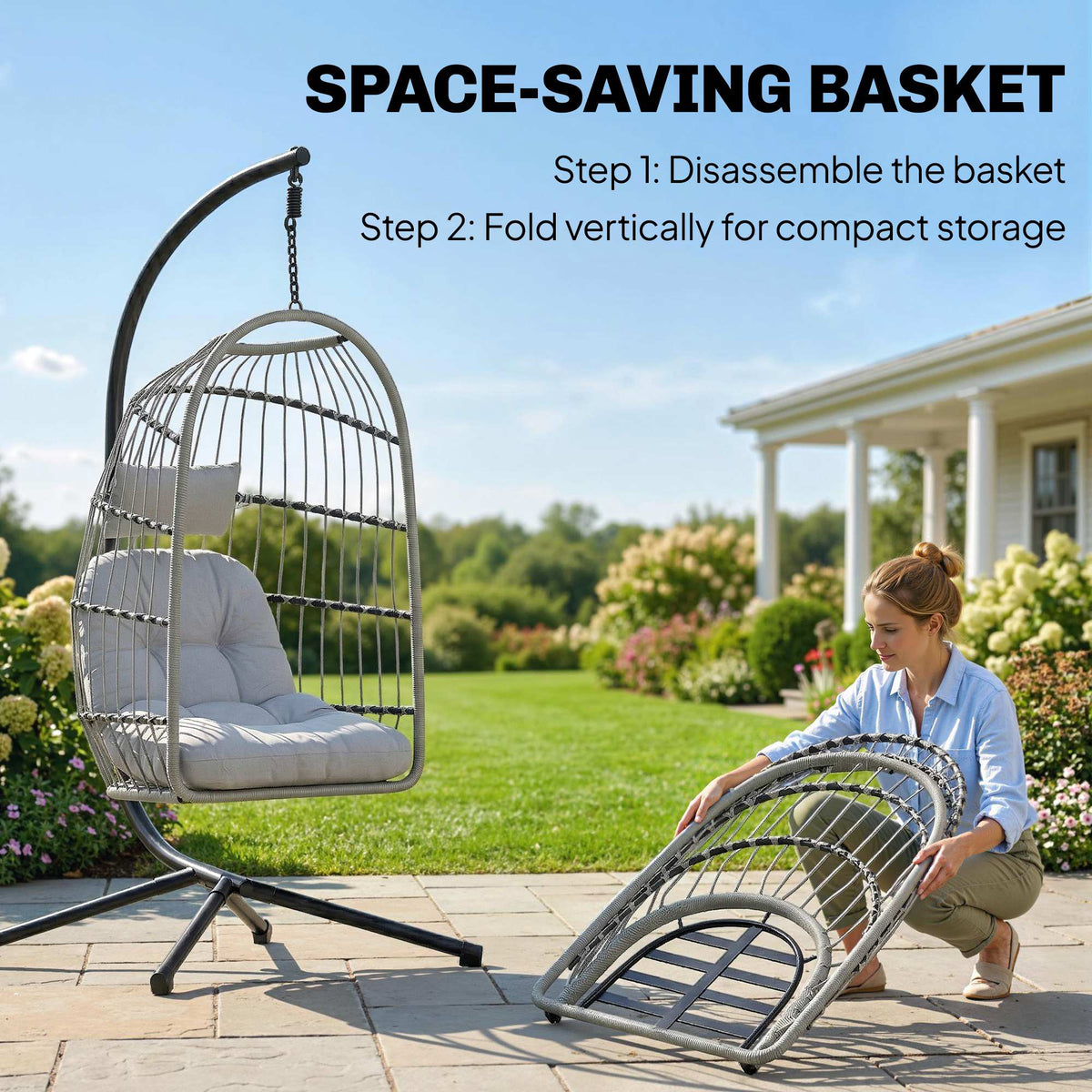 Hanging Egg Chair with Foldable Metal Stand, Thick Cushion, Light Grey