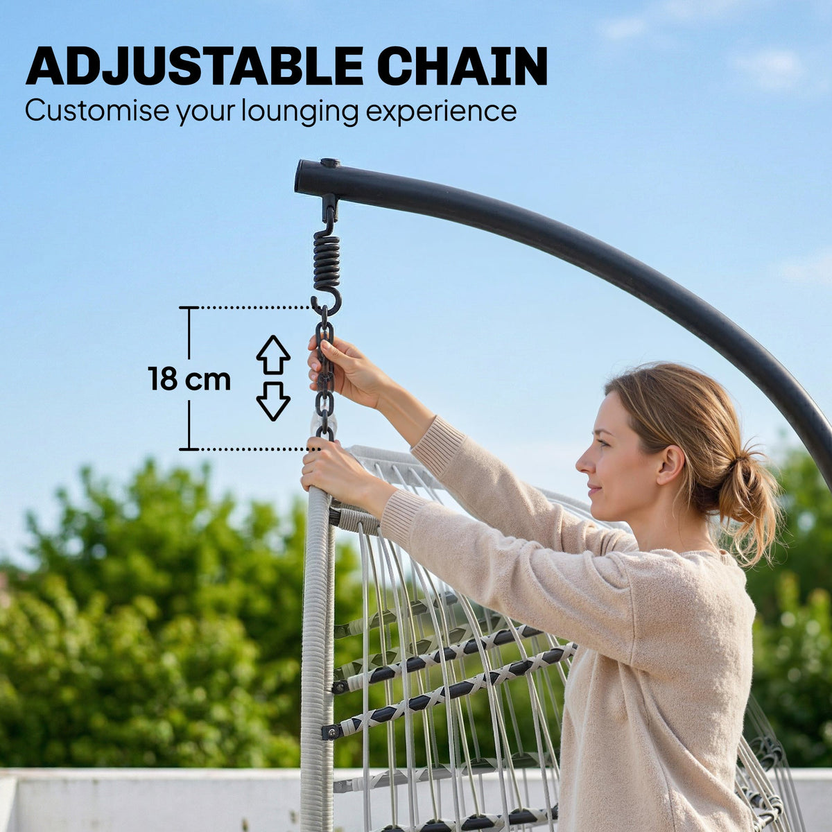 Hanging Egg Chair with Foldable Metal Stand, Thick Cushion, Light Grey